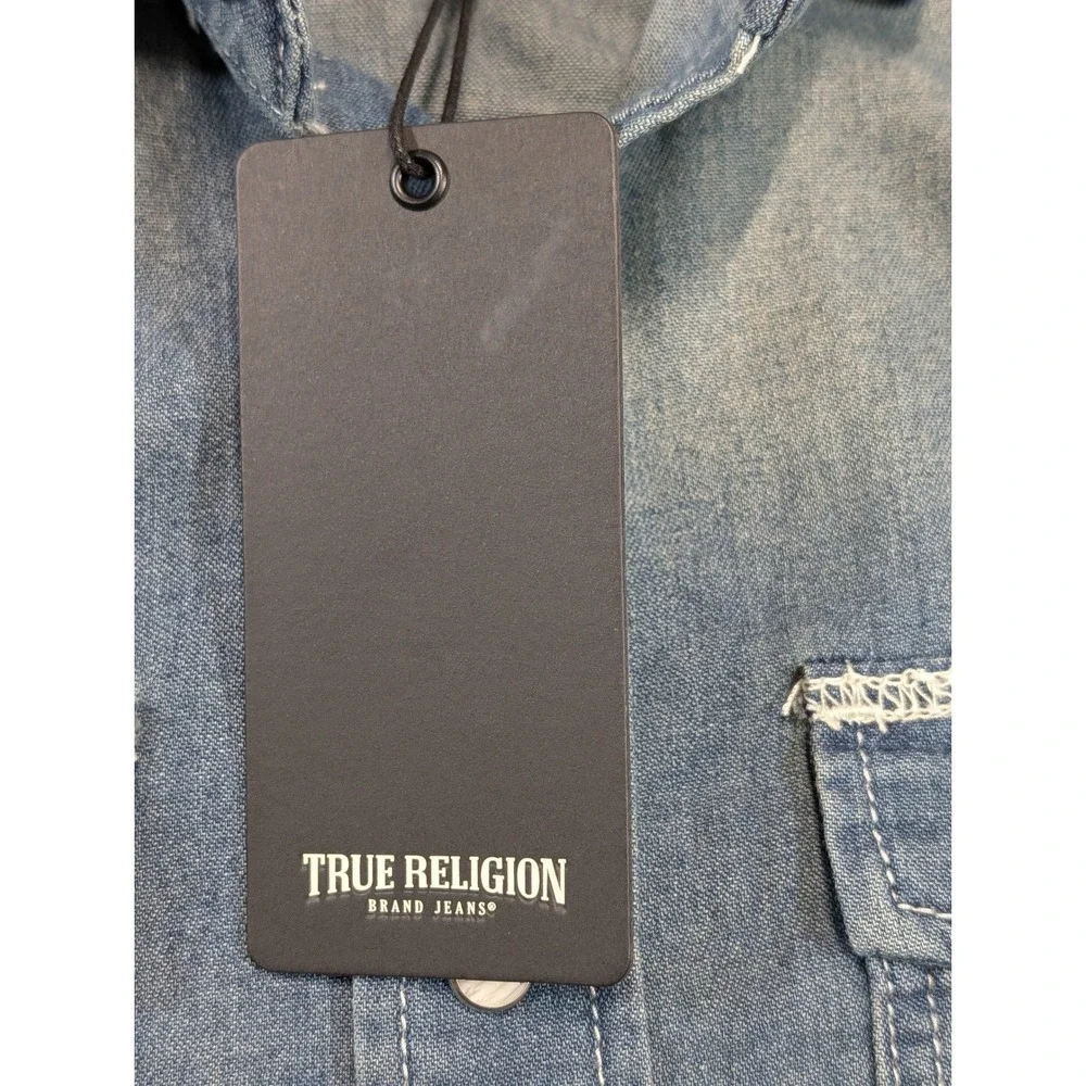 True Religion Mens Buddha‎ Graphic Chambray Denim Shirt Med Wash Blue Small NEW